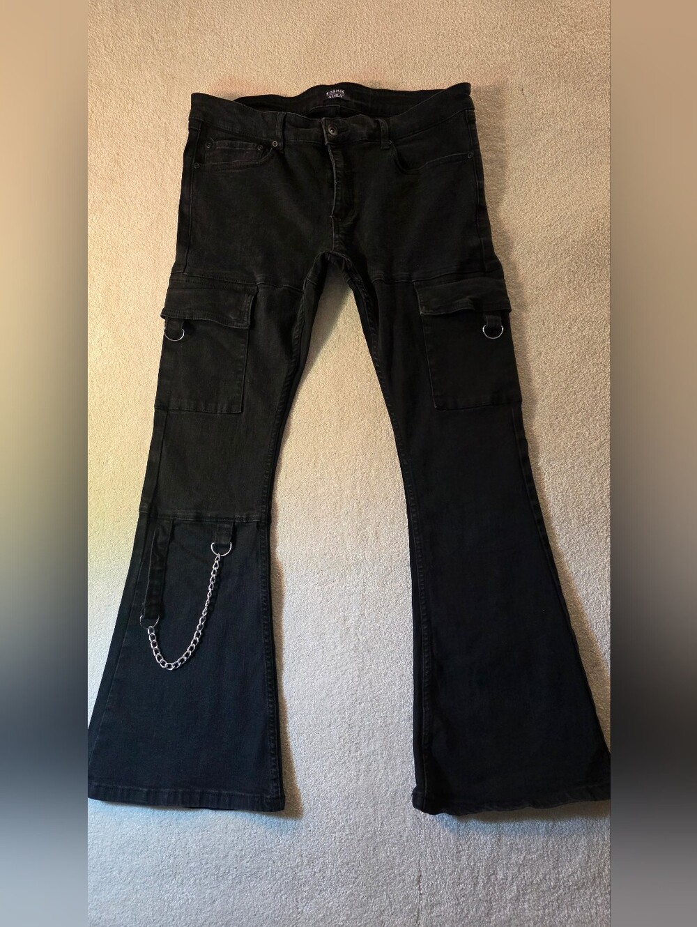 Cosmic Aura Black Chained Cargo Pants Rings Goth Punk Stretchy Bootleg 34X32‎